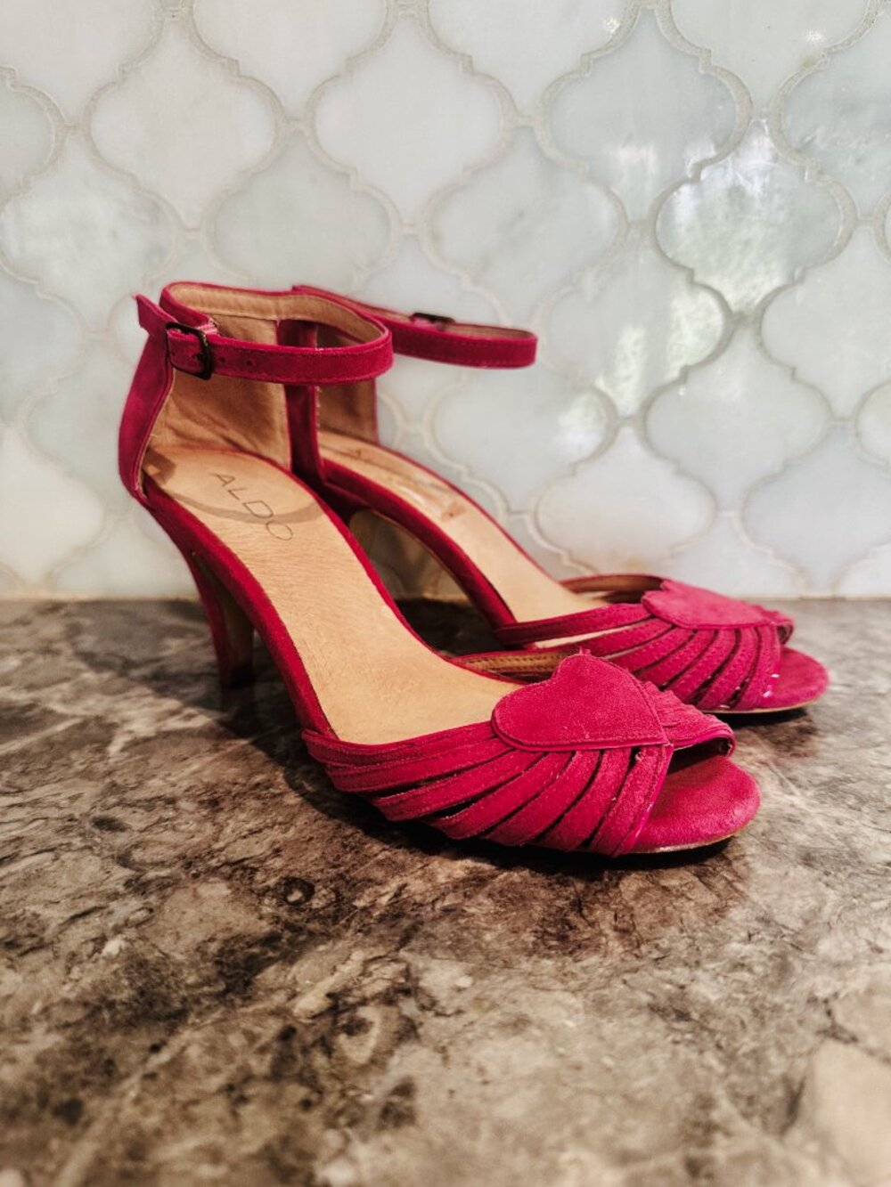 ALDO Fuchsia Suede Ankle-Strap Heels with Heart Accent